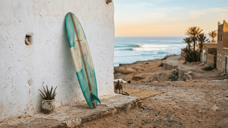 Surfboard resting against a wall in soft morning light near a Taghazout surf break.