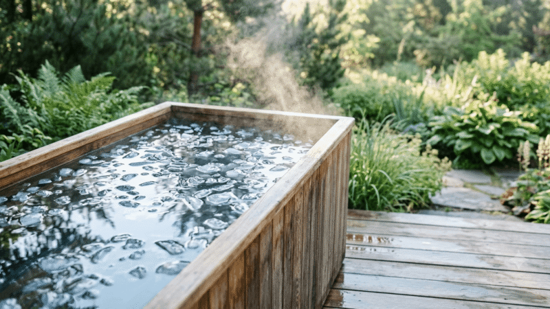 A cold plunge tub filled with ice water outdoors in soft natural light.