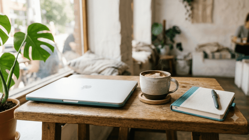A laptop and coffee cup on a low café table with natural light streaming in.
